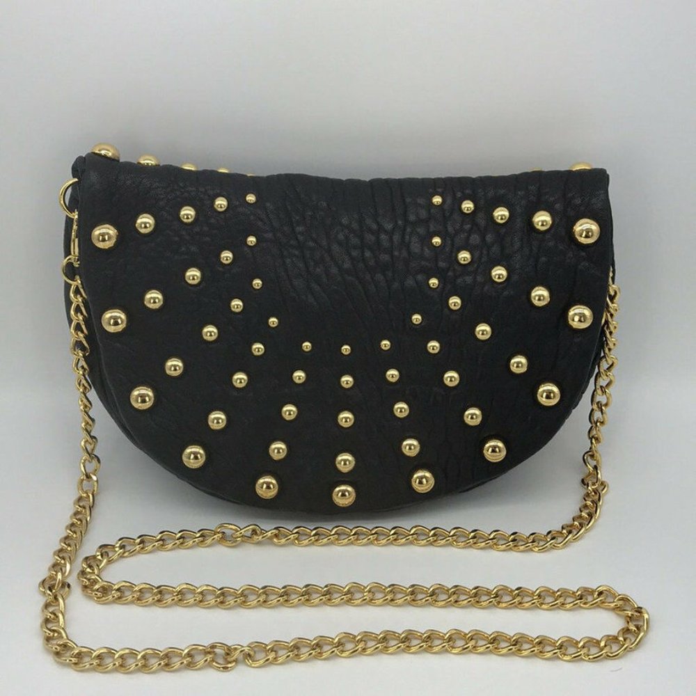 Badgley Mischka Black And Gold Studded Saddle Bag